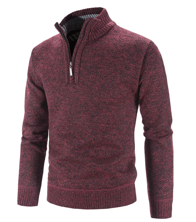 Long Sleeve Knitted Sweater Men Pullovers Solid Color Zipper Mock Neck Slim Fit Knit Pullovers Casual Sweater