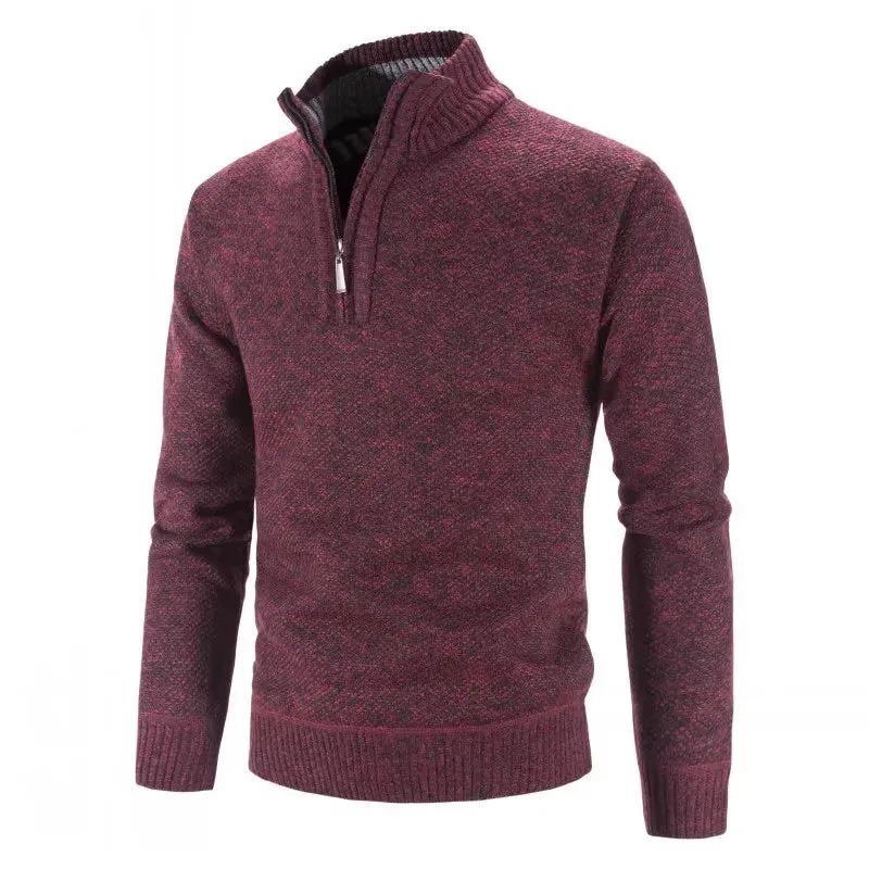 Long Sleeve Knitted Sweater Men Pullovers Solid Color Zipper Mock Neck Slim Fit Knit Pullovers Casual Sweater