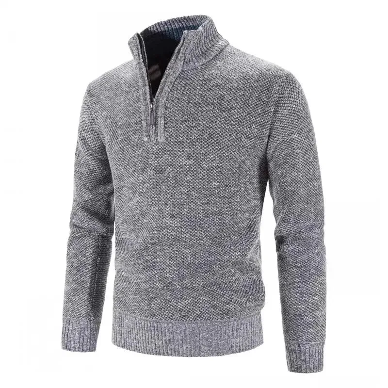 Long Sleeve Knitted Sweater Men Pullovers Solid Color Zipper Mock Neck Slim Fit Knit Pullovers Casual Sweater