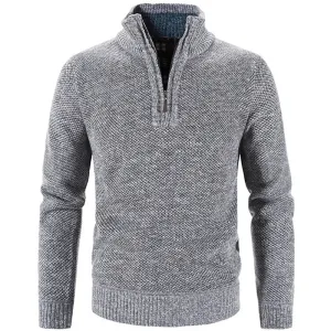 Long Sleeve Knitted Sweater Men Pullovers Solid Color Zipper Mock Neck Slim Fit Knit Pullovers Casual Sweater