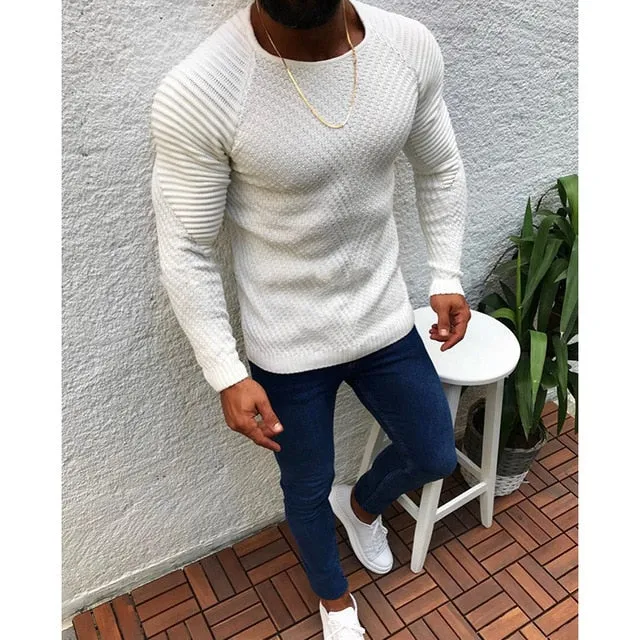 Men's Knitted Sweater Pullovers Streetwear Tops Pleated Casual Slim Fit  All-match Knitwear Male Autumn Winter Fashion Clothing
