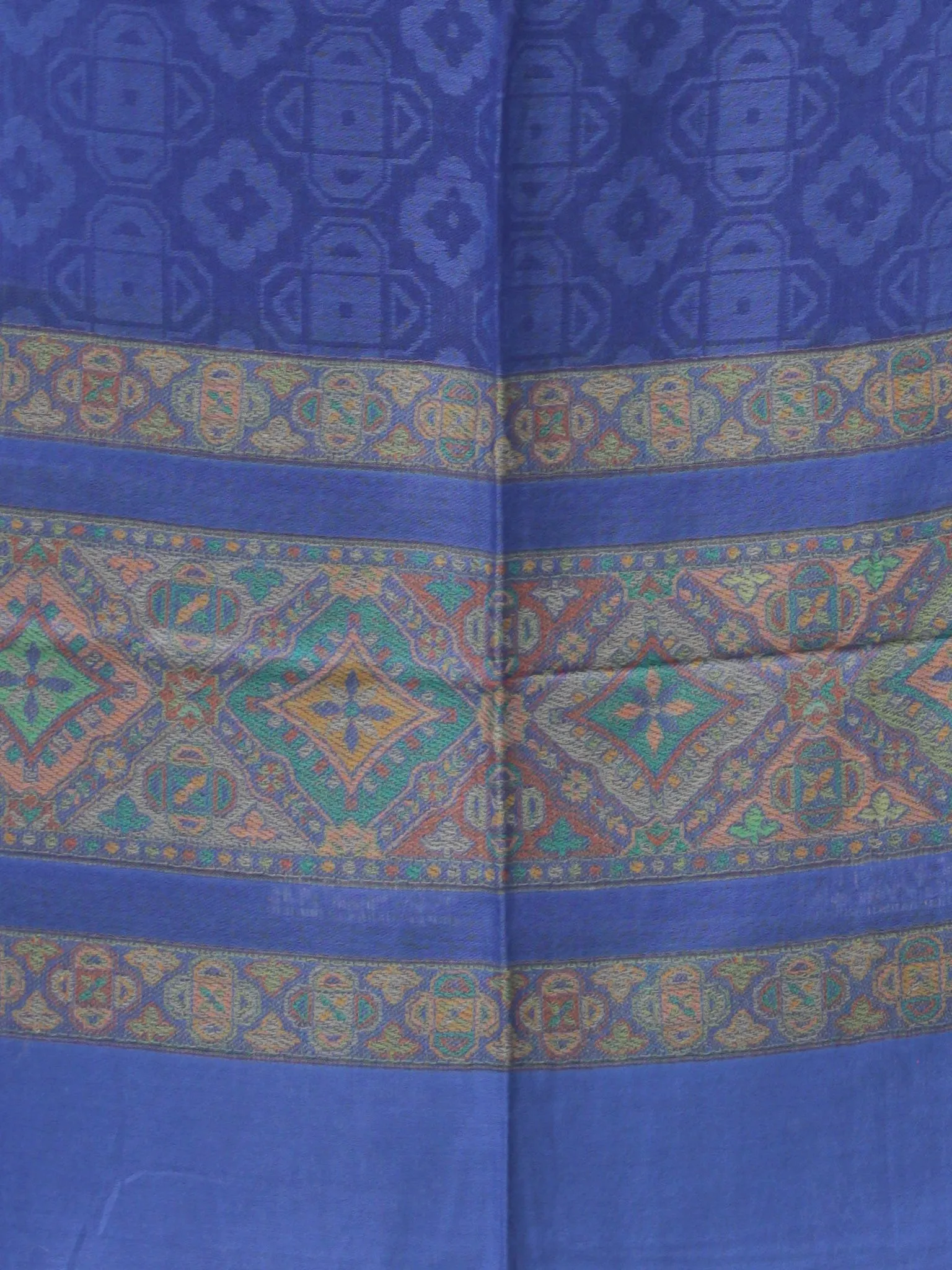 Royal Blue Green Self Weaved Silk Wool Kashmiri Stole - S200615