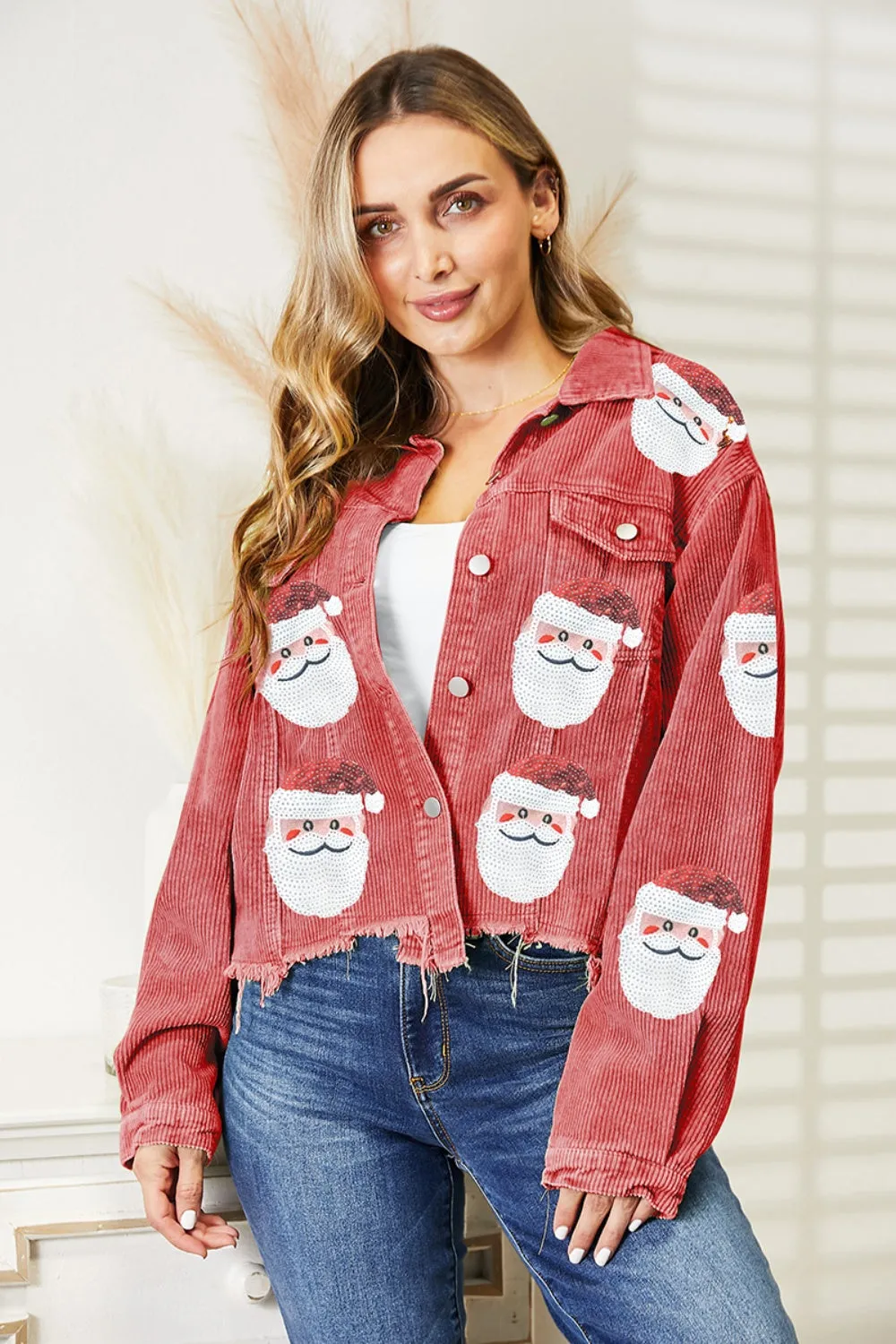 Santa Sequin Raw Hem Jean Jacket Holiday Christmas Button Down Long Sleeve Shirt Women's Fashion