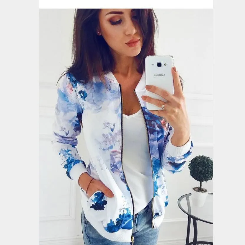 Wenkouban 2023 Autumn New Plus Size Printed Bomber Jacket Women Pockets Zipper Long Sleeve Coat Female Flower Chiffon White Jacket Woman